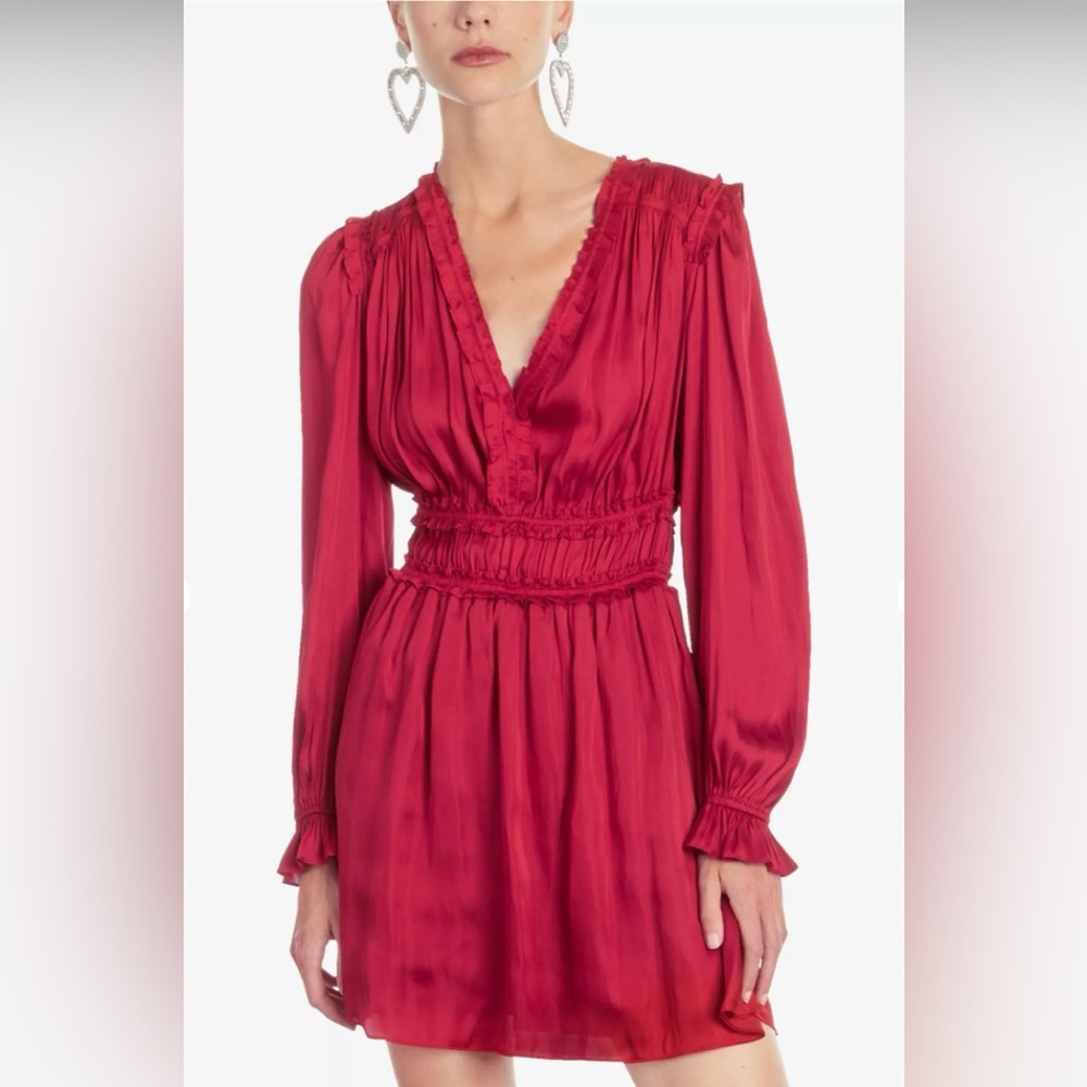 NWT The Kooples Red Ruched Long-sleeved Mini Dress w/ Elastic Waist - US 8 - Picture 3 of 11
